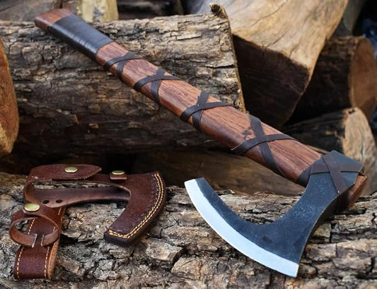 Ragnar Viking Axe - Hand Forged Carbon Steel Hatchet with Leather Sheath | Norse Bearded Axe for Camping, Throwing, Hunting, Outdoor Survival | Gift for Men