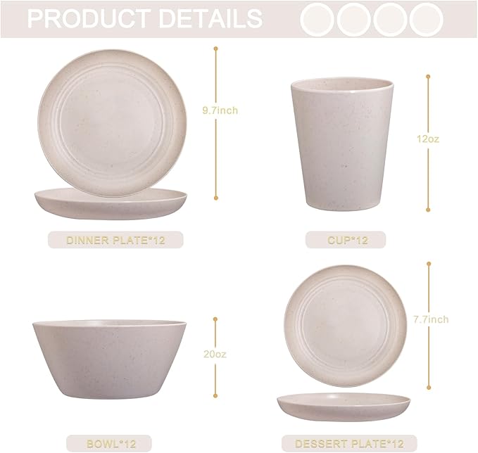 LIYH 48 Pcs Beige Plastic Wheat Straw Dinnerware Set - Reusable Plates and Bowls Sets,Unbreakable Plates Dishes Bowl Cup Outdoor Camper Dish Set for 12