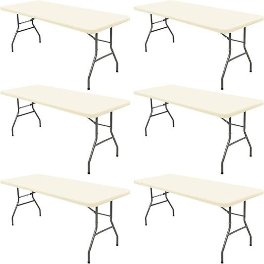 6 Pack Table Cover Fitted Picnic Elastic Tablecloth for 8 Foot Rectangle Tables Waterproof Stretch Washable Folding Indoor and Outdoor Spandex Table Cloth for Parties Banquet Camping (Beige,30" x 96")