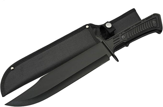 SZCO SUPPLIES 15-Inch Outdoor Survival Bowie Knife, Black Blade, Rubberized Handle, Nylon Sheath, Camping, Hunting, Tactical Use