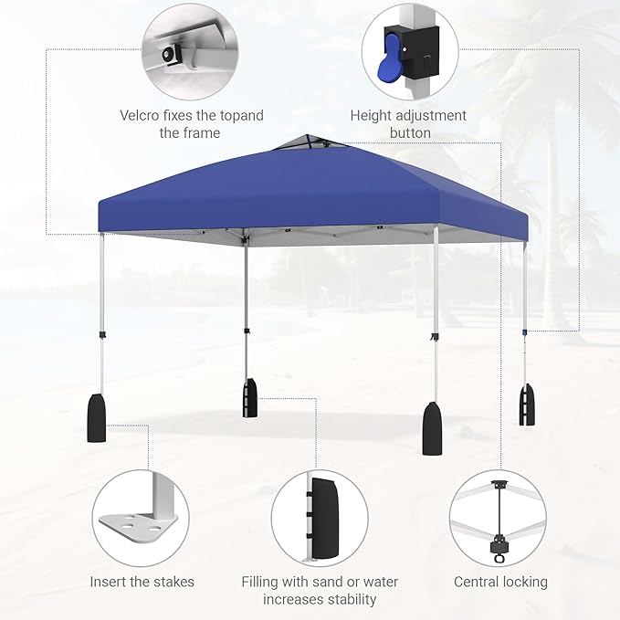 10x10 Pop Up Canopy - Instant Setup Beach Tent with Wheeled Carry Bag, 8 Sandbags & 4 Guy Lines - Portable Sun Shade for Camping, Events, Silver Coated Top, Blue