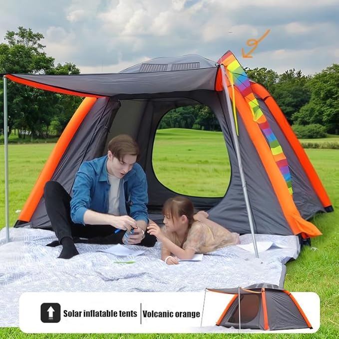 Solar Rechargeable 4 Person Inflatable Tents for Camping - Waterproof Beach Family Glamping Tents with Mesh Doors and Windows