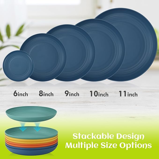 Homienly Deep Dinner Plates Set of 8 Alternative for Plastic Plates Microwave and Dishwasher Safe Wheat Straw Plates for Kitchen Unbreakable Salad Plate with 4 Colors (Colorful, 11 inch)