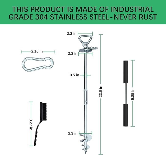 Heavy Duty 304 Stainless Steel Dog Tie Out Anchor - 360 Swivel Yard Stake for Dogs Over 250 LBS - Suitable for Any Leash, Ideal for Yard, Beach, Camping