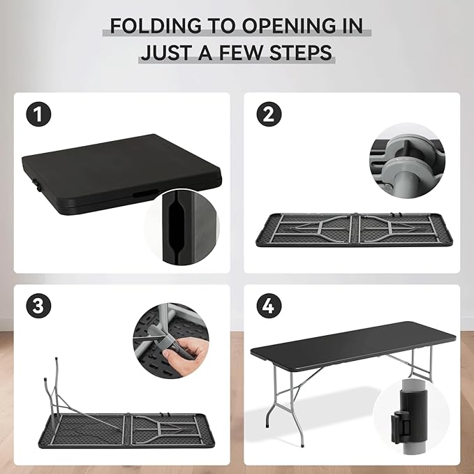 72' Folding Table, Collapsible Camping Table, Rectangular Picnic Table with Steel Frame, Stable Legs Design, Easy Carry and Storage, Plastic Outdoor Folding Tables for Indoor Outdoor, Black
