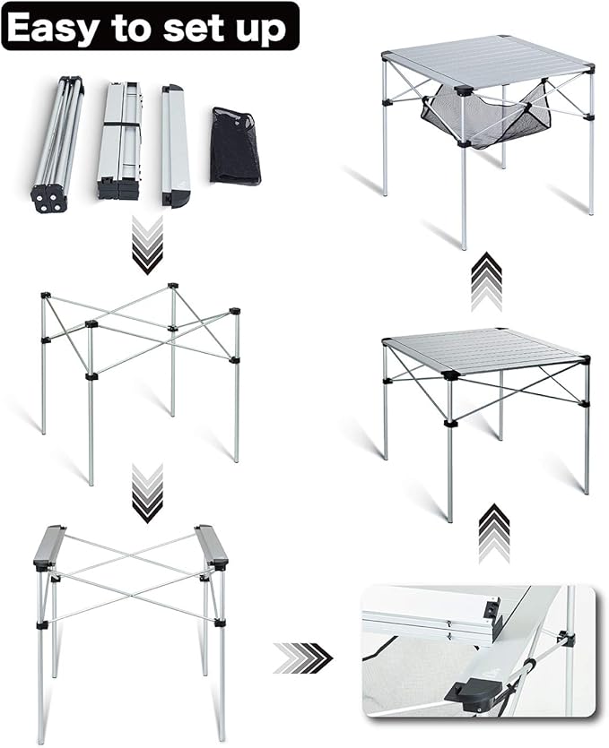 iClimb Lightweight Stable Alu. Folding Square Table Roll Up Top with Carry Bag for Camping Picnic Backyards BBQ Camp Kitchen (Silver, L)