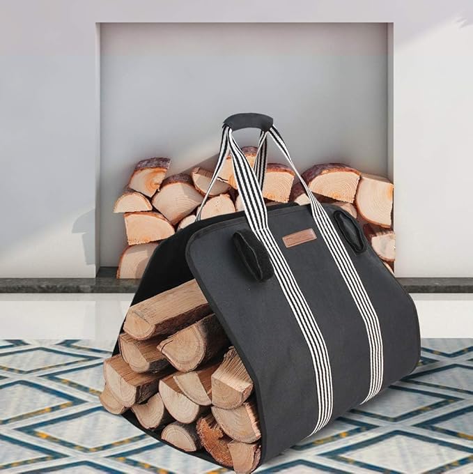 Indoor Heavy Firewood Log Carrier Tote, Oxford Canvas Fabric Foldable Wood Carrier Padded Handles, Outdoor Large Capacity Firewood Carrier Bag with Hook and Loop