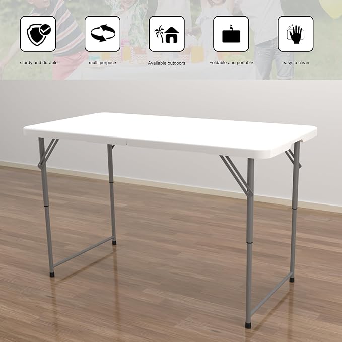 48" W x 24" D x 29.5" H - 4FT Adjustable Height Heavy Duty Plastic Fold-in-Half Foldable Table,White Portable Folding Table with Carrying Handle for Camping & Party
