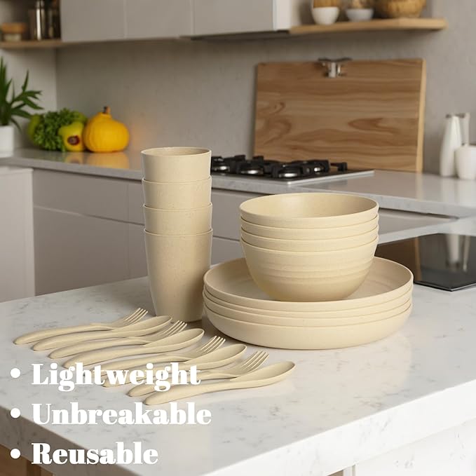 Wheat Straw Dinnerware Sets for 4 | Unbreakable Toddler Plates and Bowls Sets 20 PCS, Kids Dinner Plates, Cups, Microwave Safe Plastic Dishes Set for Kitchen, Dorm, Camping (Beige)
