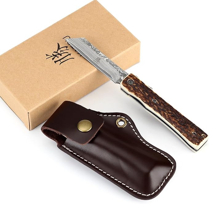 KATSU Handmade Damascus Steel Japanese Razor Pocket Folding Knife with Genuine Deer Antler Handle