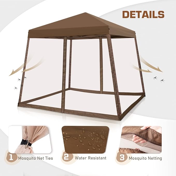 EAGLE PEAK 10x10 Slant Leg Easy Setup Pop Up Canopy Tent with Mosquito Netting 64 sqft of Shade, Brown