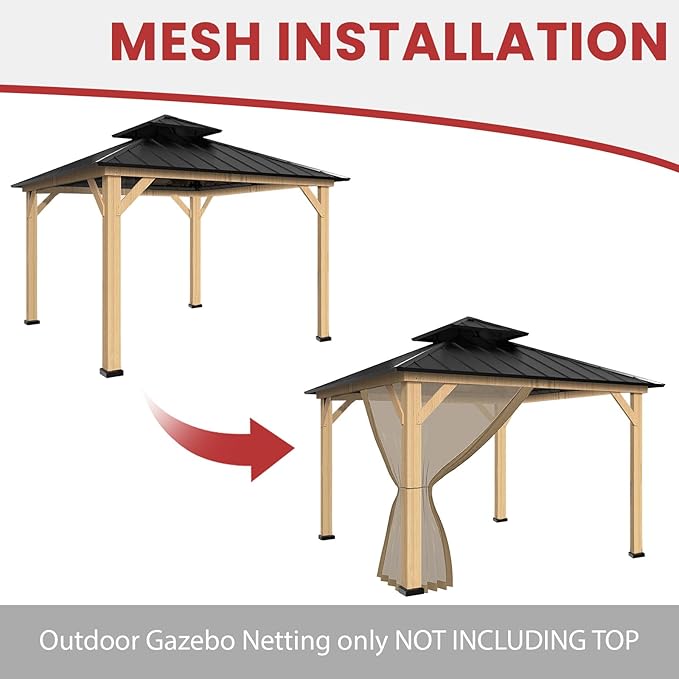 Coastshade Gazebo Canopy Mesh Walls Replacement 8x8 Gazebo Pergola Mosquito Screen Netting for Gazebos with 42Curtain Rings & 42Rail Hooks,Khaki