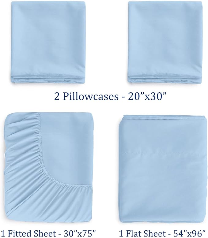 Cot Sheets 30" x 75" - 4 PCs Cot Sheet Set - 600TC 100% Cotton Sheet Set - Cot Size Fitted Sheets Perfect for Narrow Twin/Camp Bunk/Rvs Bunk/Guest Beds/Trifold Mattress, 4-8" Deep Pocket - Light Blue