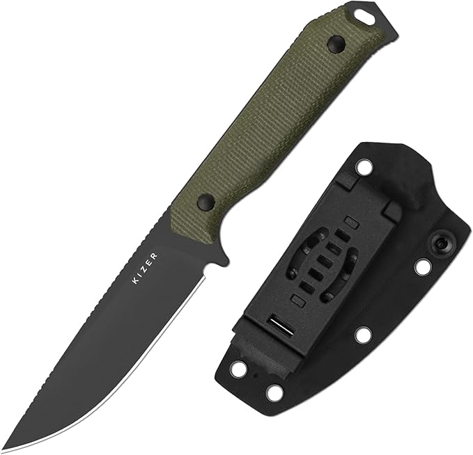 Kizer Begleiter Fix Fixed Blade Knife, 3.78" Drop Point D2 Blade Hunting Knives with Kydex Sheath, Green Micarta Handle EDC Knife for Camping Hunting Survival 1045MD3