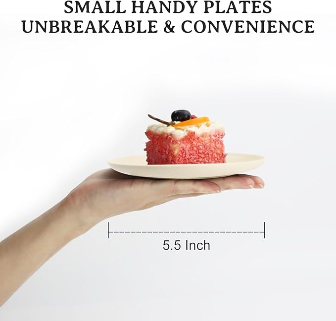5.5 Inches Handy Appetizer Plates Set of 8 - Small Wheat Straw Plates for Dessert - Unbreakable Sidedishes Plate Sets for Kitchen and Party Beige Series
