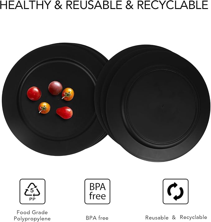 greenandlife 10inch/6pcs Dishwasher & Microwave Safe Wheat Straw Plates, Alternative for Plastic Plates, Lightweight Reusable Unbreakable Dinner Plates, Non-toxin, BPA Free for Kids Adults, Black
