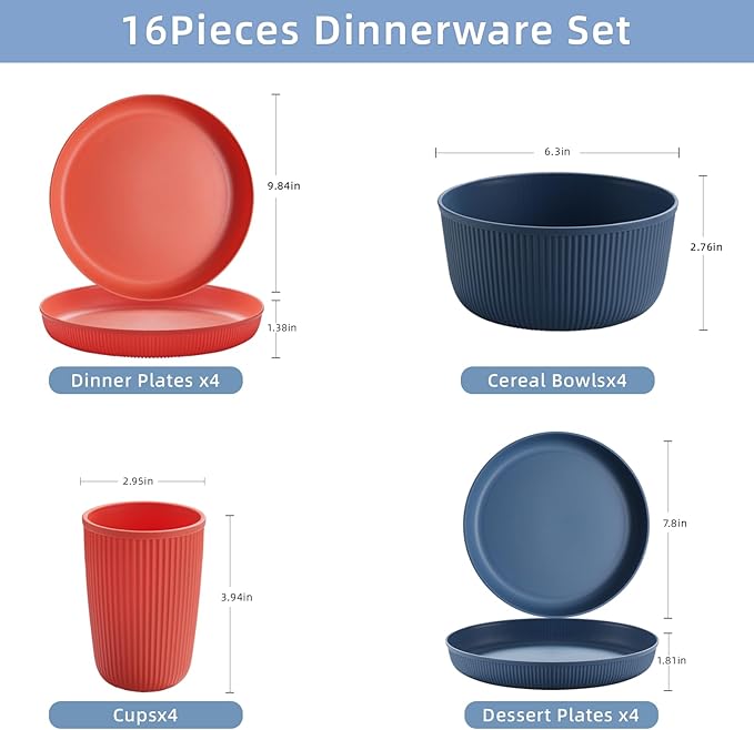 16PCS Wheat Straw Dinnerware Sets Reusable Unbreakable Dinner Plates Set for 4 Serving Bowls and Cups Microwave Dishwasher Safe Dinnerware for Kitchen Camping