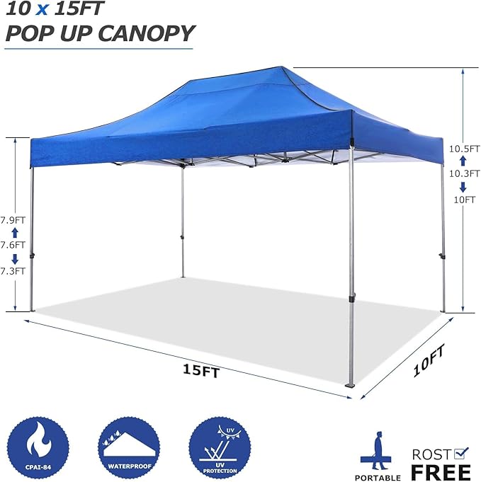 COBIZI 10x15 Pop Up Canopy Without Sidewall,Heavy Duty Canopy UPF 50+ All Season Wind Waterproof Commercial Outdoor Wedding Party Tents for Parties Gazebo with Carry Bag(10 x 15 ft Blue)