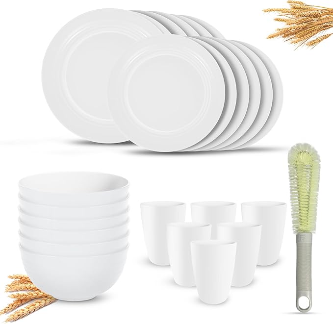 Kitchen Wheat Straw Dinnerware Sets (25pcs) Attached cleaning brush,Service For 6,Plastic Plates and Bowls Sets,Unbreakable Dinnerware,Lightweight Plastic Plate Set (white)