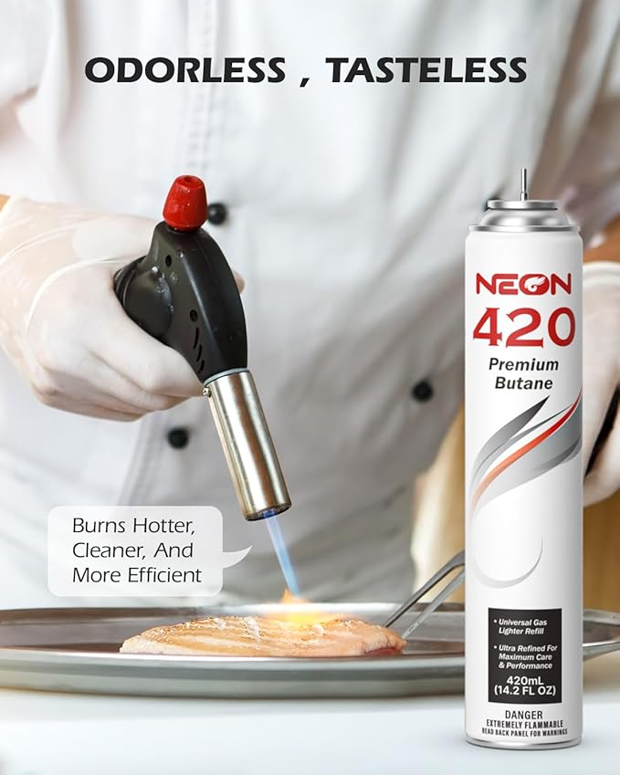 NEON Butane Refill 420ml, 11X Ultra Refined 0 Impurities Butane Fuel, Premium Universal Lighter Fluid with Metal Nozzle and 5 Butane Gas Refill Adapters for Refillable Lighters and Torches, 12 Cans