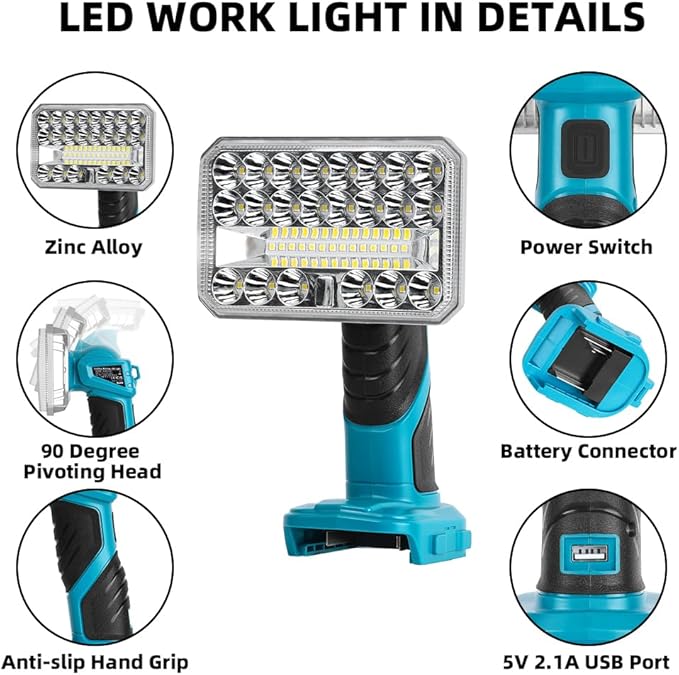18W Cordless 2000LM LED Flashlight for Makita 18V Lithium-ion Battery, 5" Zinc Alloy Handheld Work Light with USB Charger Port for Camping, Hiking, Climbing, Job Site, Indoor & Outdoor Use