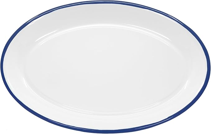 Red Co. Set of 4 Enamelware Metal Classic 13" Serving Oval Tray Platter, Solid White/Navy Blue Rim