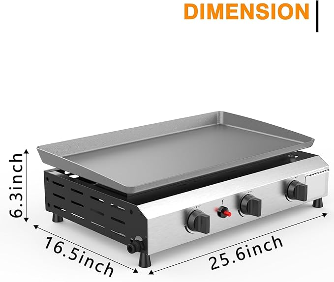 3 Burner BBQ Flat Top Grill, 25.6 Inch Stainless Steel Portable Detachable Gas Griddle, 30,000 BTU Propane Griddle for Camping