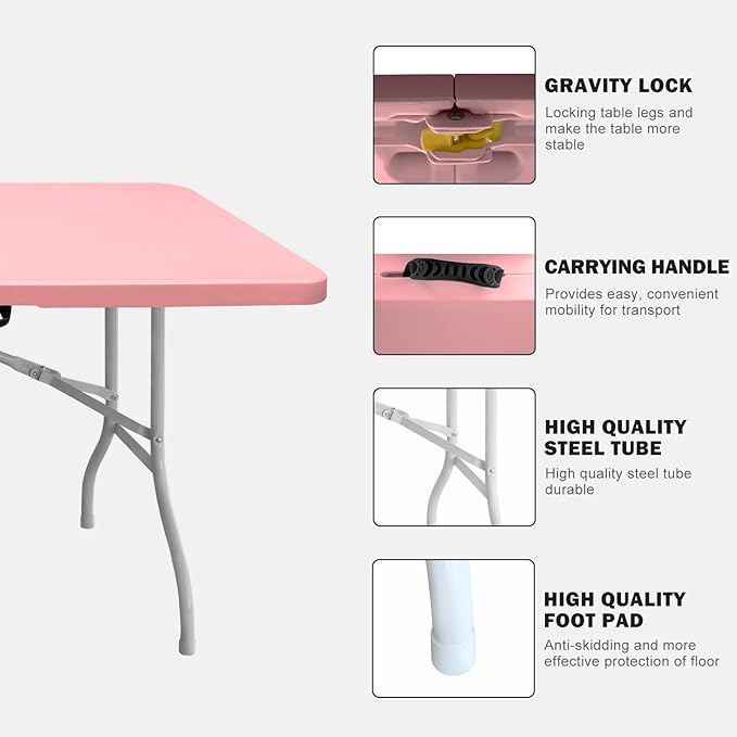 Portable Plastic Folding Table 4ft/6ft/8ft Heavy Duty White Black Picnic Dining Table Fold-in-Half for Camp Party Kitchen Indoor Outdoor (Pink, 8FT)