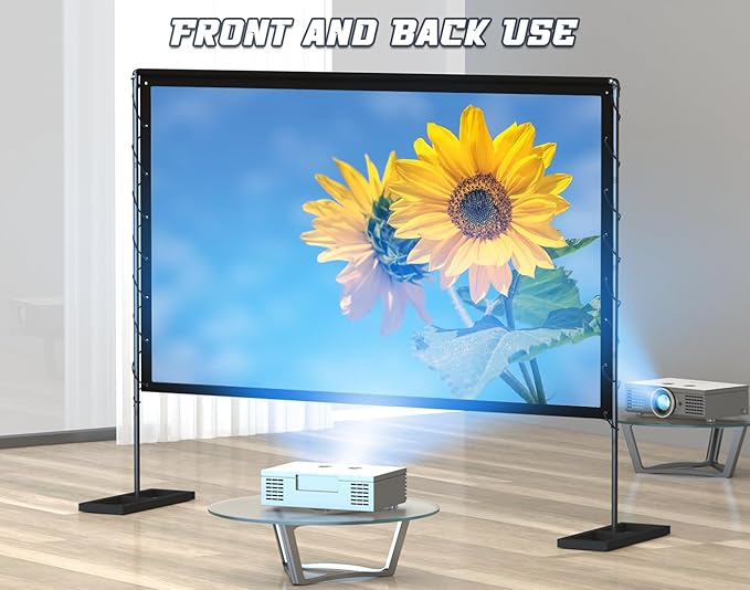 Queension 100 inch Outdoor Projector Screen with Stand, Portable Projector Screen 16:9 HD 4K, Movies Screen with Carry Bag for Outside Backyard, Indoor Wrinkle-Free Screen for Home Theater