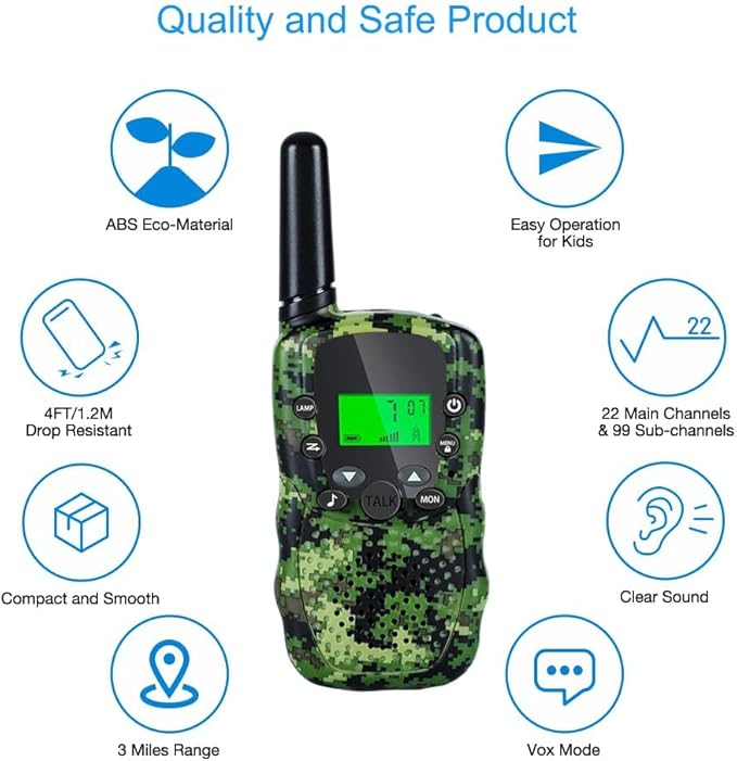 Walkie Talkies for Kids, Walkie Talkie Toys for Girls Boys, Outdoor Toys for Ages 4-8-12, Built-in Flashlight, 22 Channels, Birthday Gifts for 3 4 5 6 7 8 9 10 Year Old Girl Boys (Camo, 3Pack)