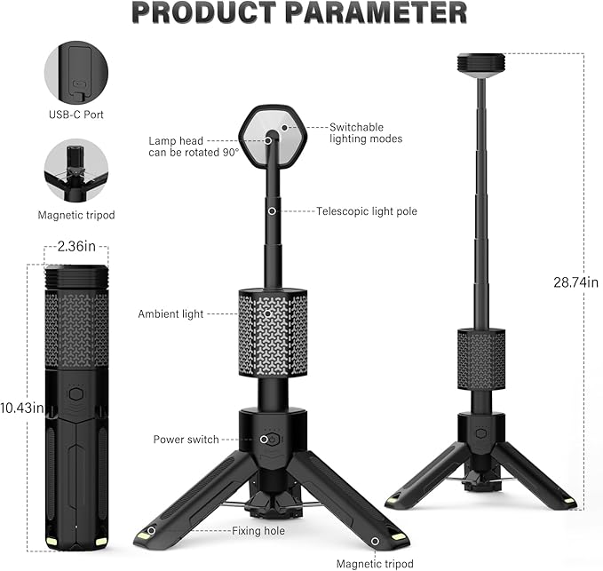 Telescopic Camping Light - 10500mAh Rechargeable Camping Lantern with Storage Bag, Dimmable Magnetic Tent Lamp, Waterproof Camp Light Outdoor Work Emergency Lights for Home Power Outage, Hiking -Black