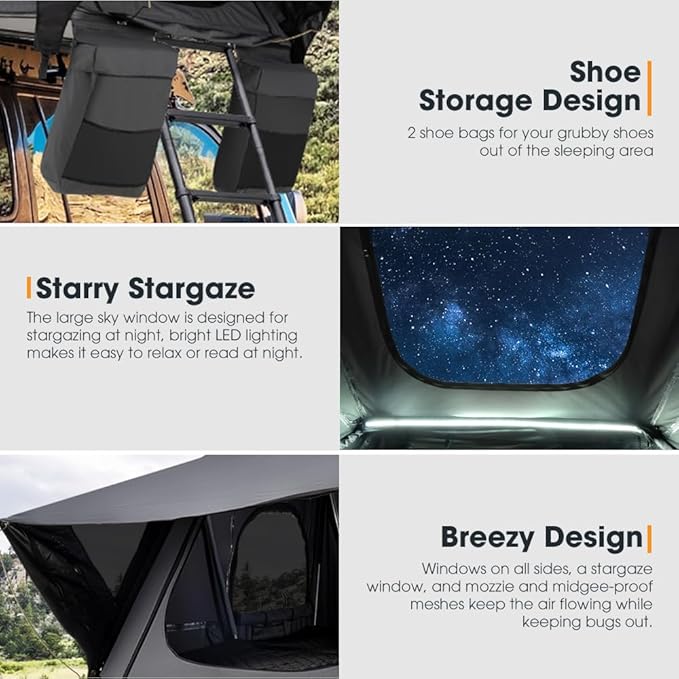Sanhima Rooftop Tent Hard Shell - Jervis Overland Aluminium ABS Roof Top Tent w/Stargaze Window & LED Strip Light for Car SUV Truck Camping, 2-3 People