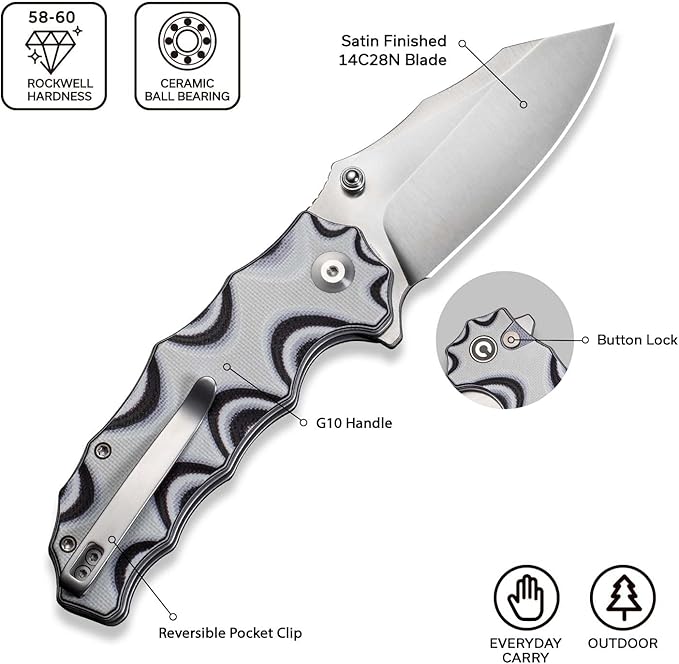 CIVIVI Natterjack Pocket Folding Knife, 3.19" 14C28N Blade G10 Handle with Reversible Clip, Thumb Stud & Flipper Opener Knife for Camping Hiking EDC C24028-3 (White and Black)