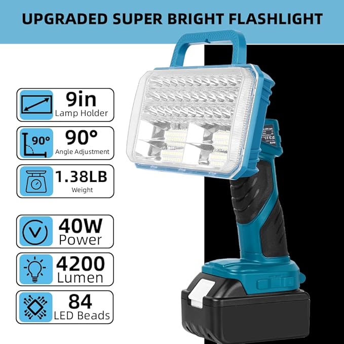 40W Cordless LED Flashlight for Makita 18V Lithium-ion Battery, 4200LM Handheld Work Light with USB Charger Port for Camping, Hiking, Climbing, Job Site, Indoor & Outdoor Use