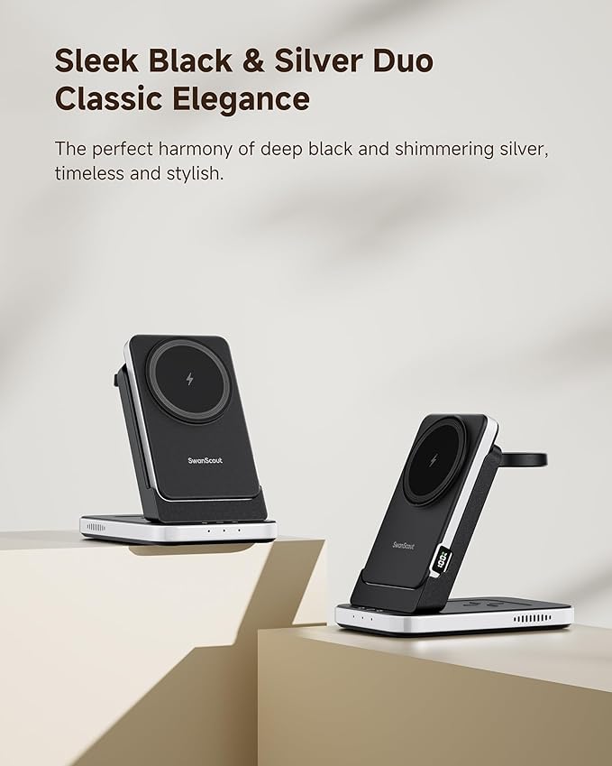 3 in 1 Charging Station Compatible with MagSafe for Apple, SwanScout 304M, Magnetic Wireless Charger Stand with 5000mAh Detachable Portable Charger for iPhone Air/17, Apple Watch, AirPods (No Adapter)