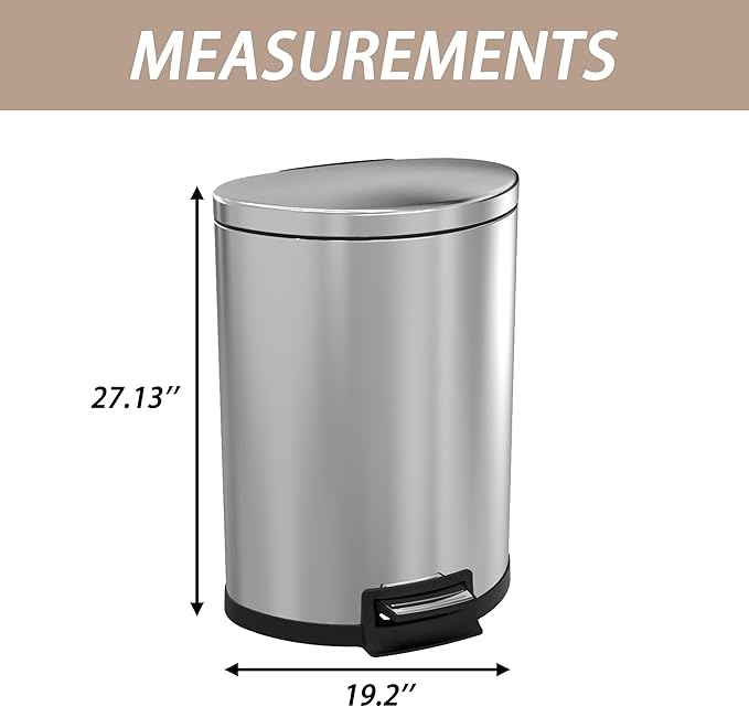 Trash Can with Lid - Assembled in USA 55 Liter/14.5 Gallon Stainless Steel Trash Can with Odor Protection Kitchen Garbage cans with Soft-Close Foot Pedal for Bathroom Home Office