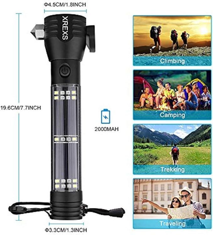 XREXS Solar & USB Rechargeable LED Flashlight (Portable, Strong)- Car Emergency & Roadside Kit | Power Outage Rescue Light | for Hiking, Camping, Outdoor | 2000mAh Battery & 7 Working Modes