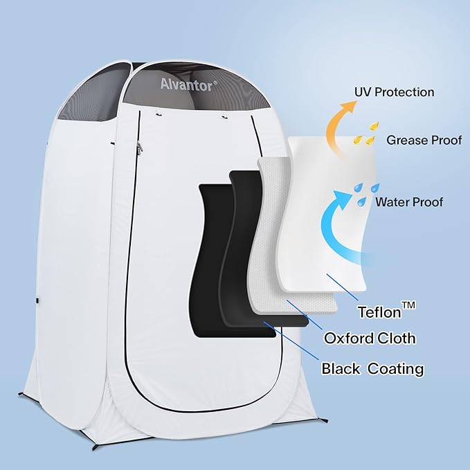 Alvantor Shower Tent Pop Up Changing Room Outdoor Shower Enclosure Pop Up Privacy Tent Toilet Tent Camping Dressing Portable Shelter Teflon Coating Fabric 4’x4’x7' Patent Pending, White