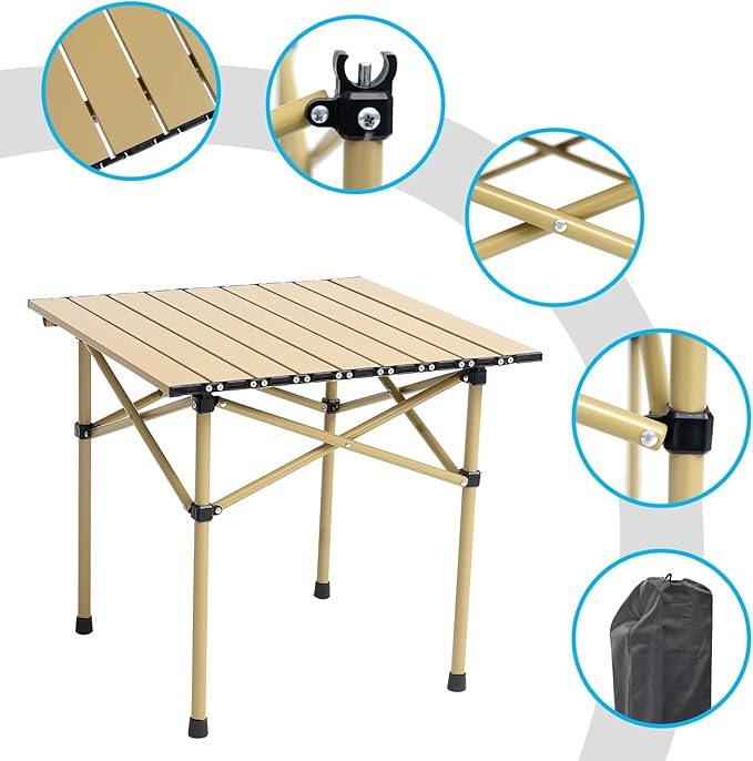 Wind Tour Portable Camping Table Folding Side Table Aluminum Lightweight Table with Carry Bag for Outdoor Cooking Hiking Picnics BBQ Travel (Khaki)