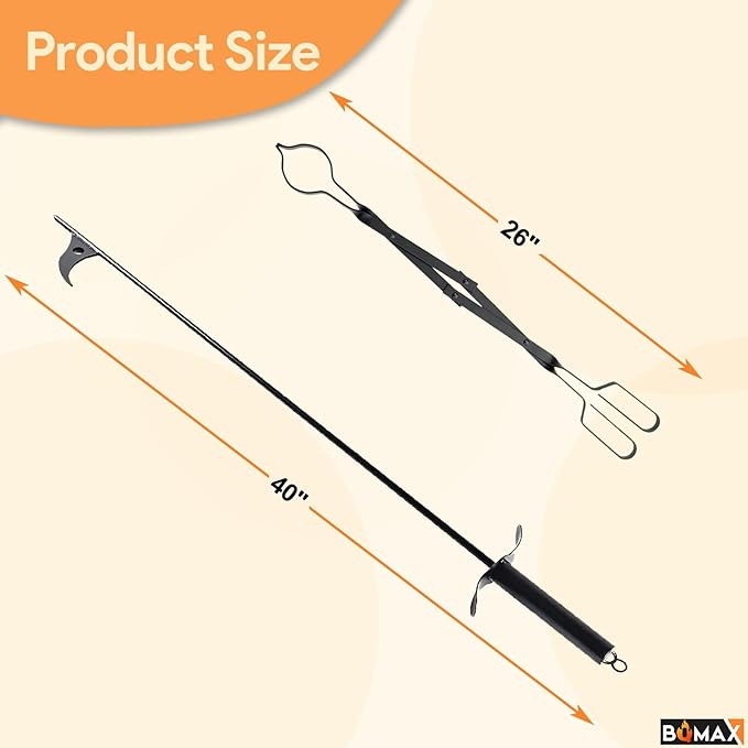 26" Fireplace Tongs and 40" Fire Pit Poker for Outside, Log Grabber Fire Pit Accessories, Camp Fire Tongs Wood Stove, Fireplace Tools Fireplace Tongs for Indoor/Outdoor