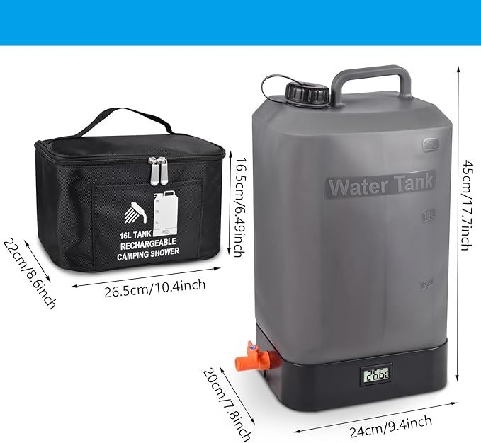 4.5 gallon/16L Silicone Water Tank,Portable Outdoor Shower,Electric Shower,8 Types of Multifunctional Shower Heads,Using Solar Heating Temperature Display,Suitable for Camping,Beach,and Hiking