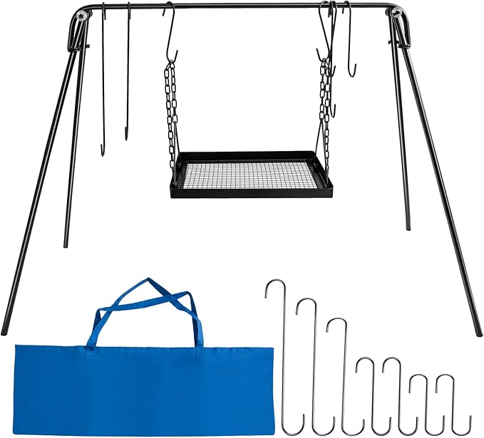 Campfire Swing Cooking Grill Stand, Portable Hanging Cooking Rack with Collapsible Legs Adjustable Grill Grate and Hooks for Outdoor BBQ Picnic Cookware Party