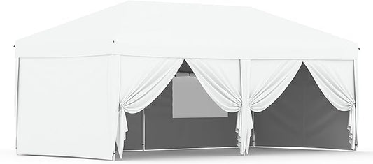 10x20 Pop Up Canopy Tent Outdoor Canopy with 6 Removable Sidewalls One-Person Set Up Heavy Duty Commercial Instant Tent Shelter-White