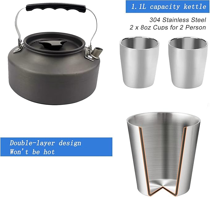 Peidesi 15pcs Camping Cookware Mess Kit,Portable Non-Stick Aluminum Alloy Cookware,Kettle Pot Frying Pan Plates Forks Knives Spoons for Camping, Backpacking, Outdoor Cooking