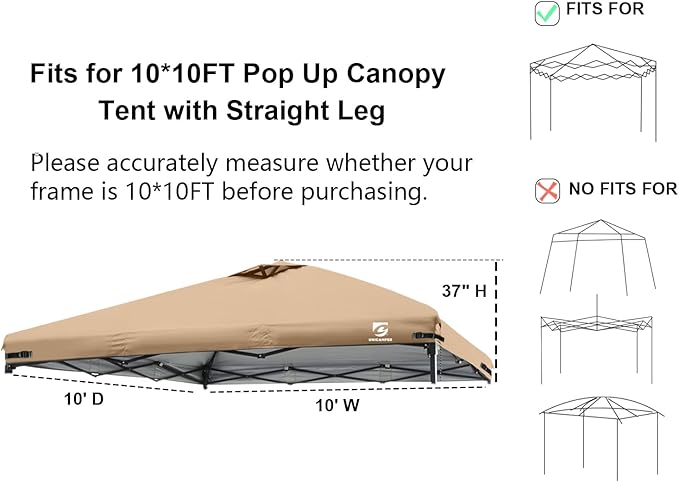 10x10 Pop Up Canopy Replacement Top Cover with Air Vent for Straight Leg Canopy Tent, Waterproof for Outdoor Garden Patio Camping Sun Shade(Top Only) (Khaki, 1)