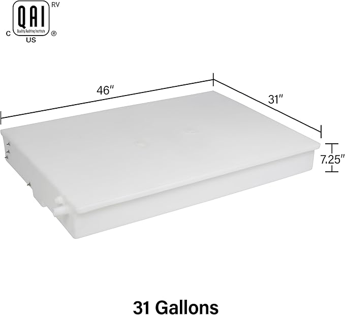 31 Gallon RV Fresh Water Tank, Potable Water Storage Tank for Drinking, Cooking, Cleaning, Showering, for Campers, Trailers, Motorhomes, RVs, Low-Profile Shape, 46" x 31" x 7.25" (WT-1315)