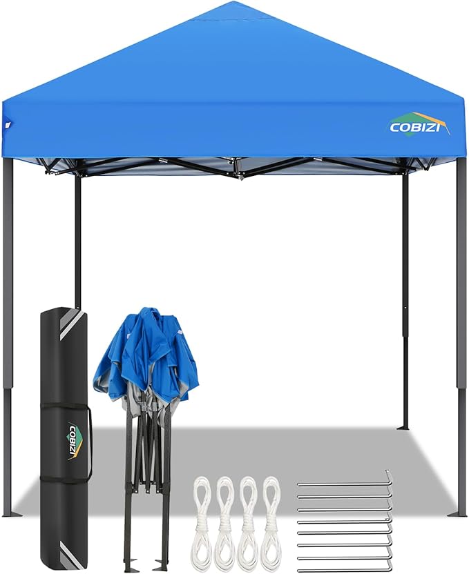 COBIZI 6.6x6.6ft Pop Up Canopy Tent, Heavy Duty Canopy Easy Set up All Weather Waterproof Outdoor Canopy Tent for Parties, Beach, Garden, Camping with 1 Handbag, 3 Adjustable Heights, UPF50+, Blue