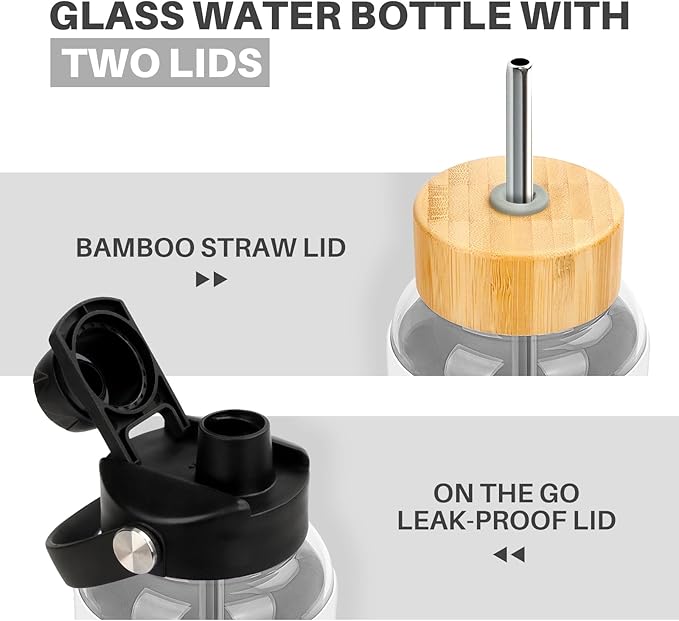 PROBTTL Glass Water Bottles 32 oz, 1 Liter Glass Tumbler, Borosilicate Water Bottle with Straw, Silicone Sleeve, 2 Lids - Handle Spout & Bamboo Straw Lid, Fits Car Cup Holder