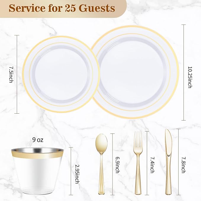 150PCS Plastic Dinnerware Set (25 Guests), Gold Disposable Plates for Party, Wedding, Christmas, Anniversary, Includes: Dinner Plates, Dessert Plates, Cups, Spoons, Forks and Knives