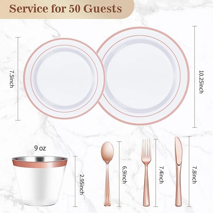 300PCS Plastic Dinnerware Set (50 Guests), Rose Gold Disposable Plates for Party, Wedding, Christmas, Anniversary, Includes: Dinner Plates, Dessert Plates, Cups, Spoons, Forks and Knives
